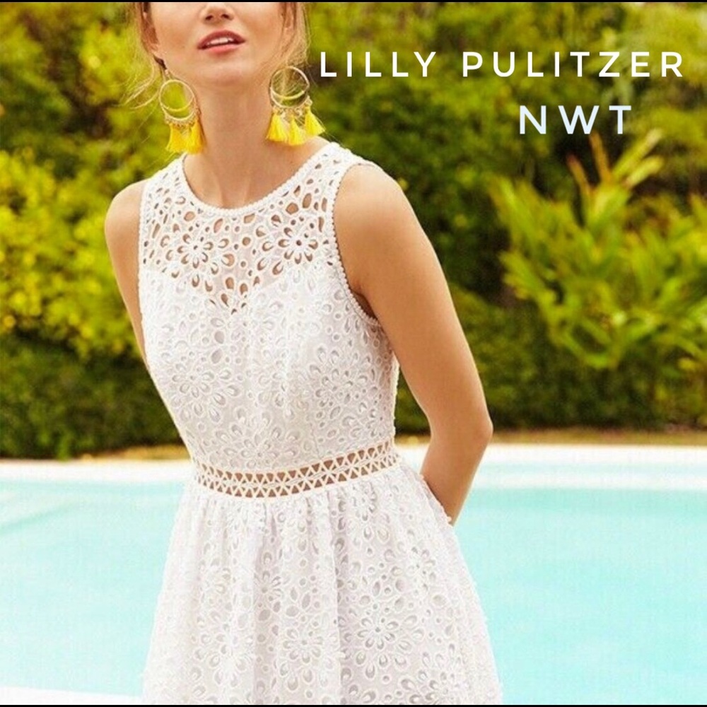 NWT LILLY PULITZER Alivia White Sleeveless Mini Dress Size 0 Eyelet Lace Formal